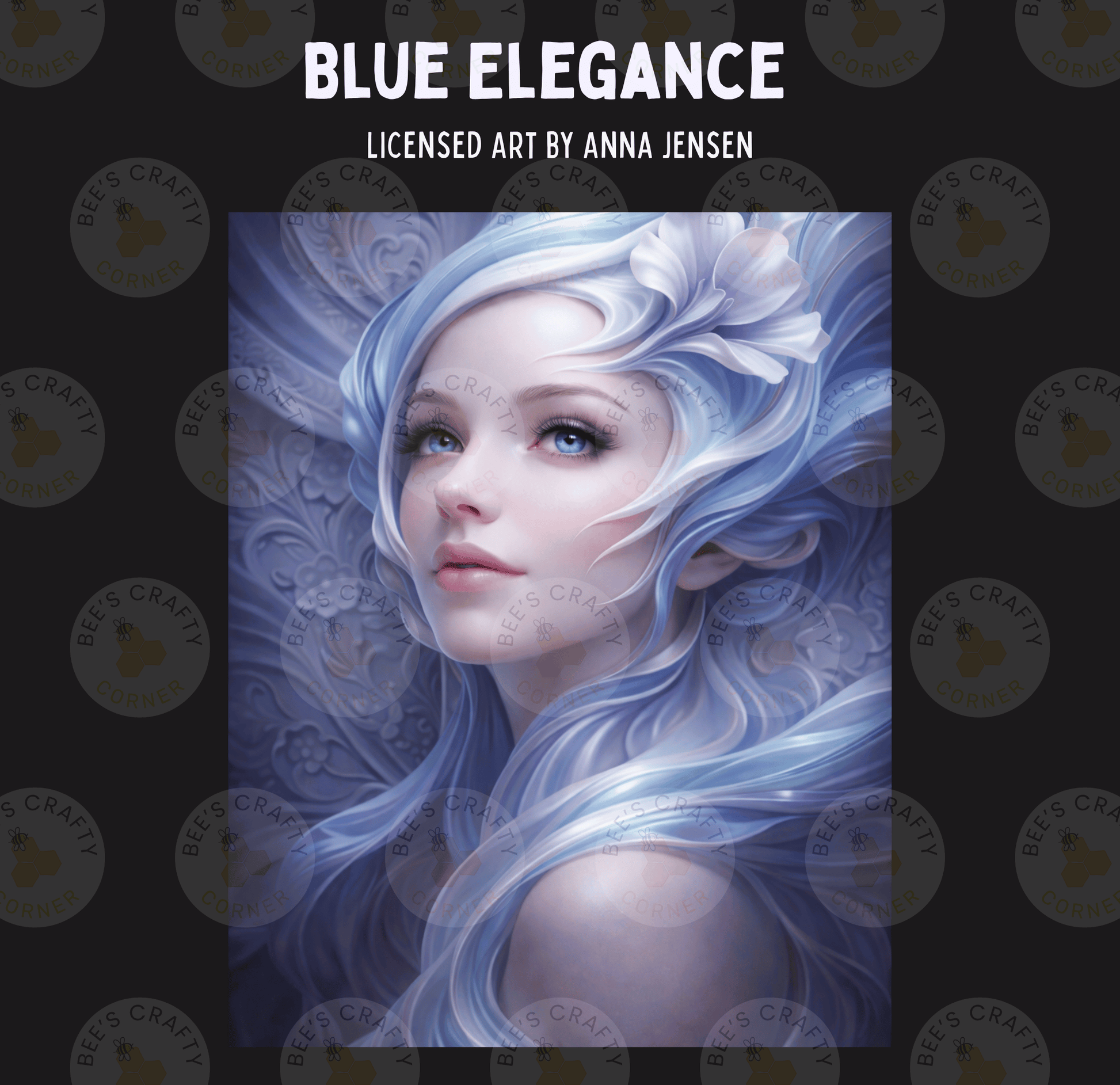 The image is a digital artwork depicting a woman with long, flowing blue hair and a serene expression, surrounded by a swirling, ethereal background.