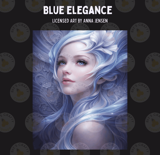 The image is a digital artwork depicting a woman with long, flowing blue hair and a serene expression, surrounded by a swirling, ethereal background.
