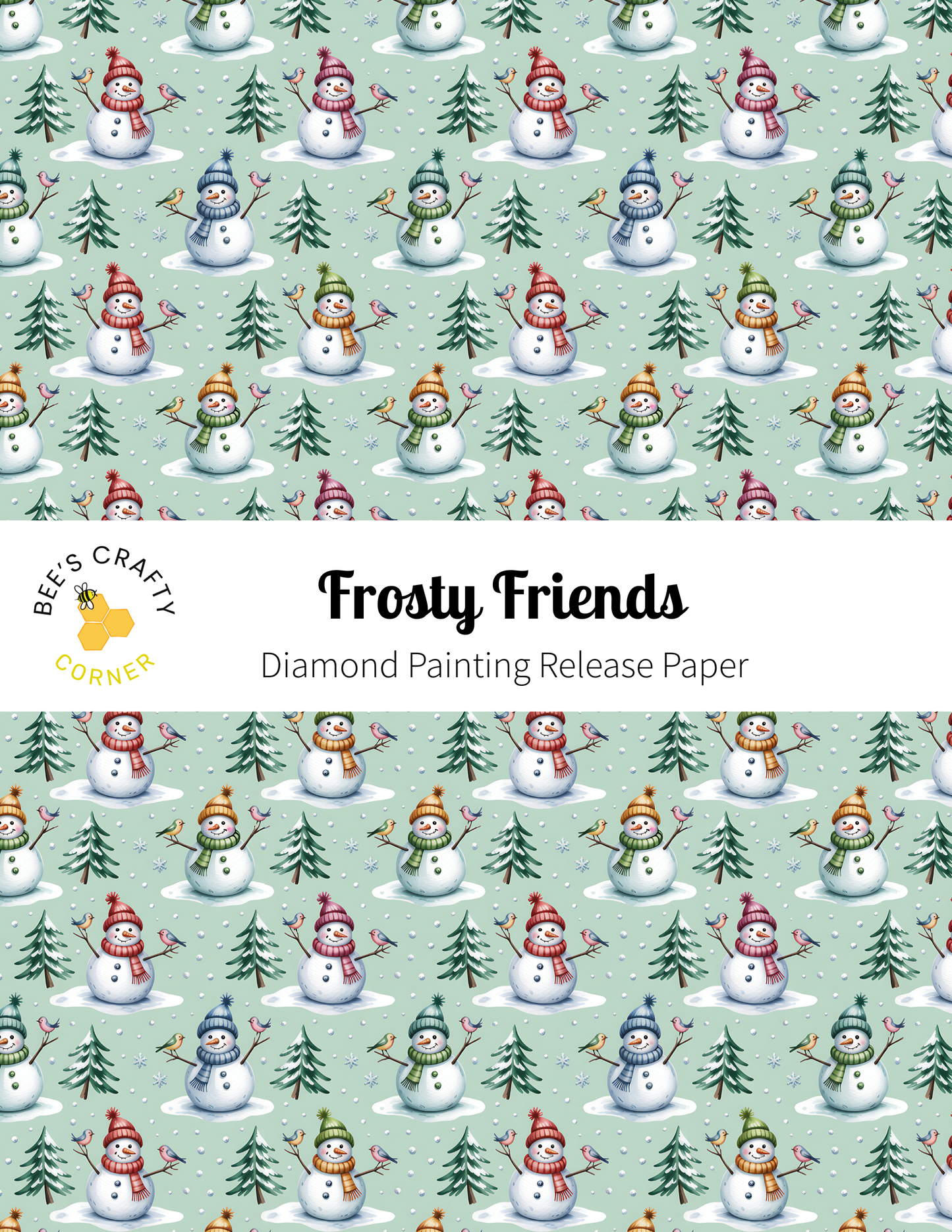 The image is a repeating pattern of snowmen and trees against a light green background.