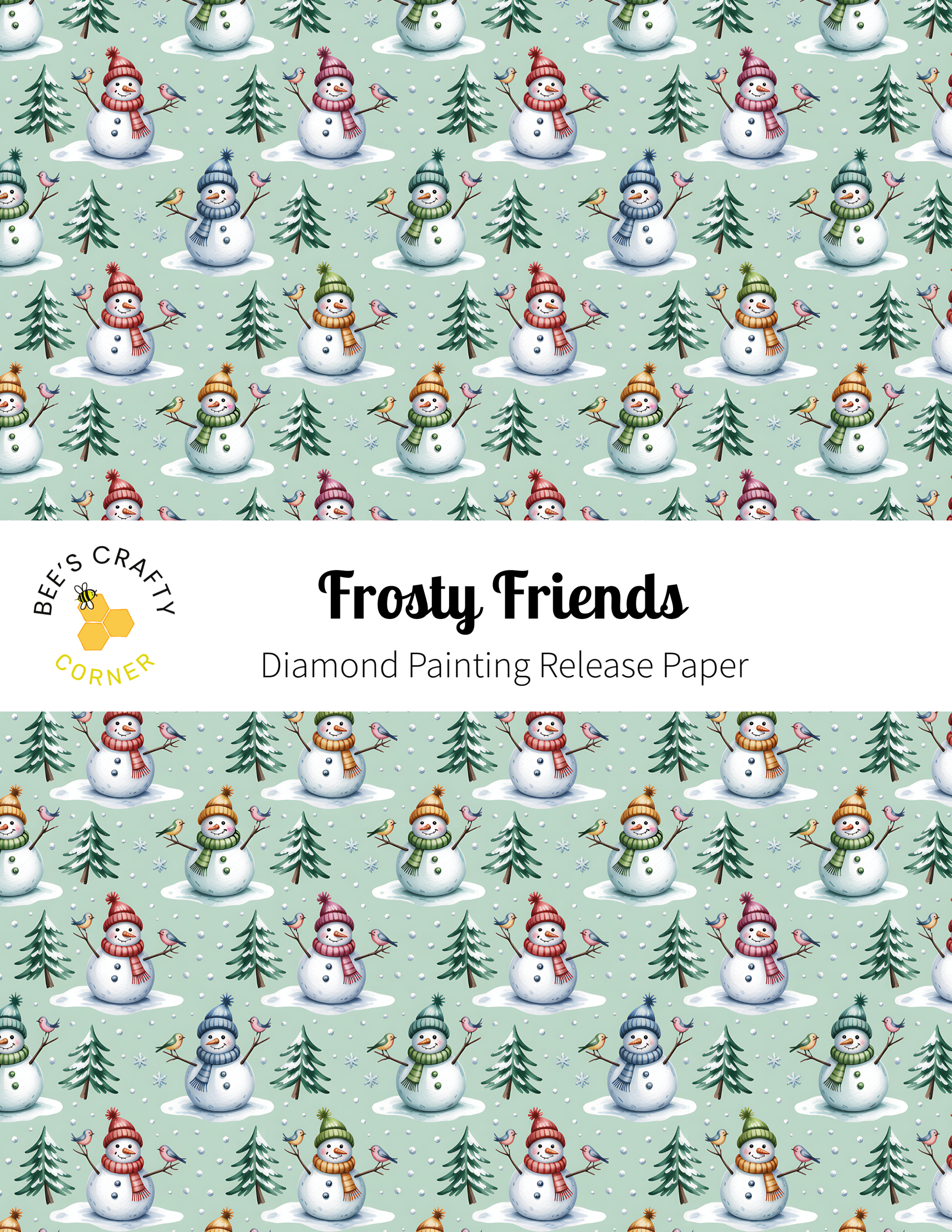 The image is a repeating pattern of snowmen and trees against a light green background.
