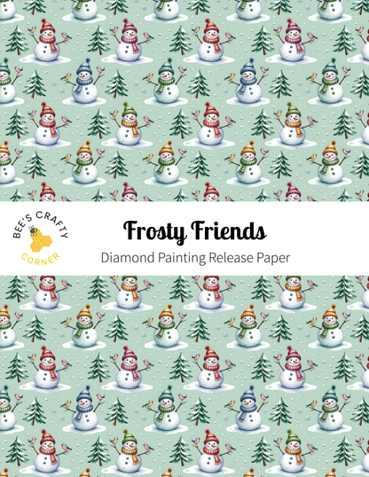 The image is a repeating pattern of snowmen and trees against a light green background.