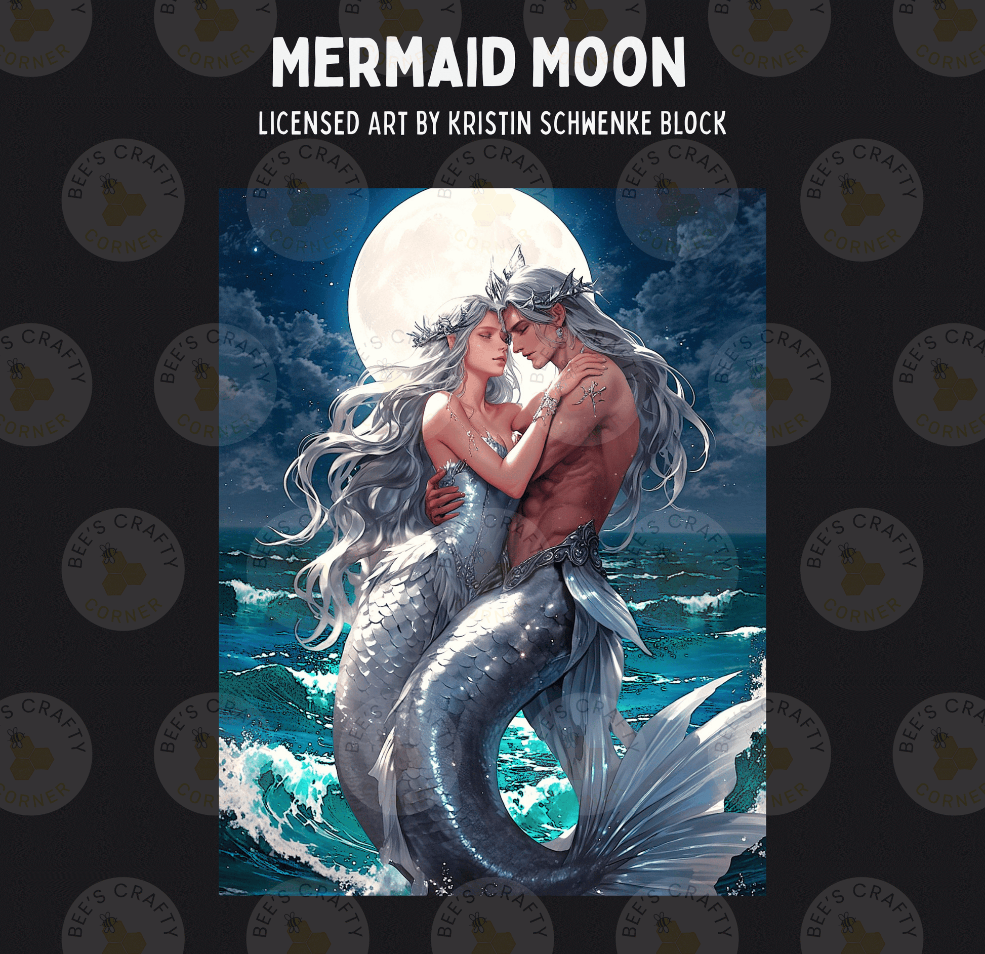 The image is a digital artwork depicting a mermaid and a human couple embracing under a large moon. The mermaid has long, flowing hair and a tail, while the human companion has a beard and long hair. The background shows a dark blue ocean with waves crashing around them.