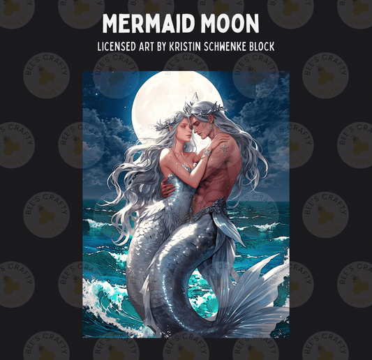 The image is a digital artwork depicting a mermaid and a human couple embracing under a large moon. The mermaid has long, flowing hair and a tail, while the human companion has a beard and long hair. The background shows a dark blue ocean with waves crashing around them.
