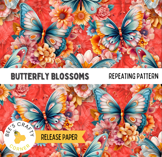 The image is a repeating pattern of colorful butterflies and flowers against a red background.