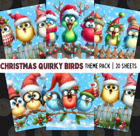 The image is a collage of various Christmas-themed illustrations featuring a group of quirky, colorful birds wearing Santa hats and other festive accessories.