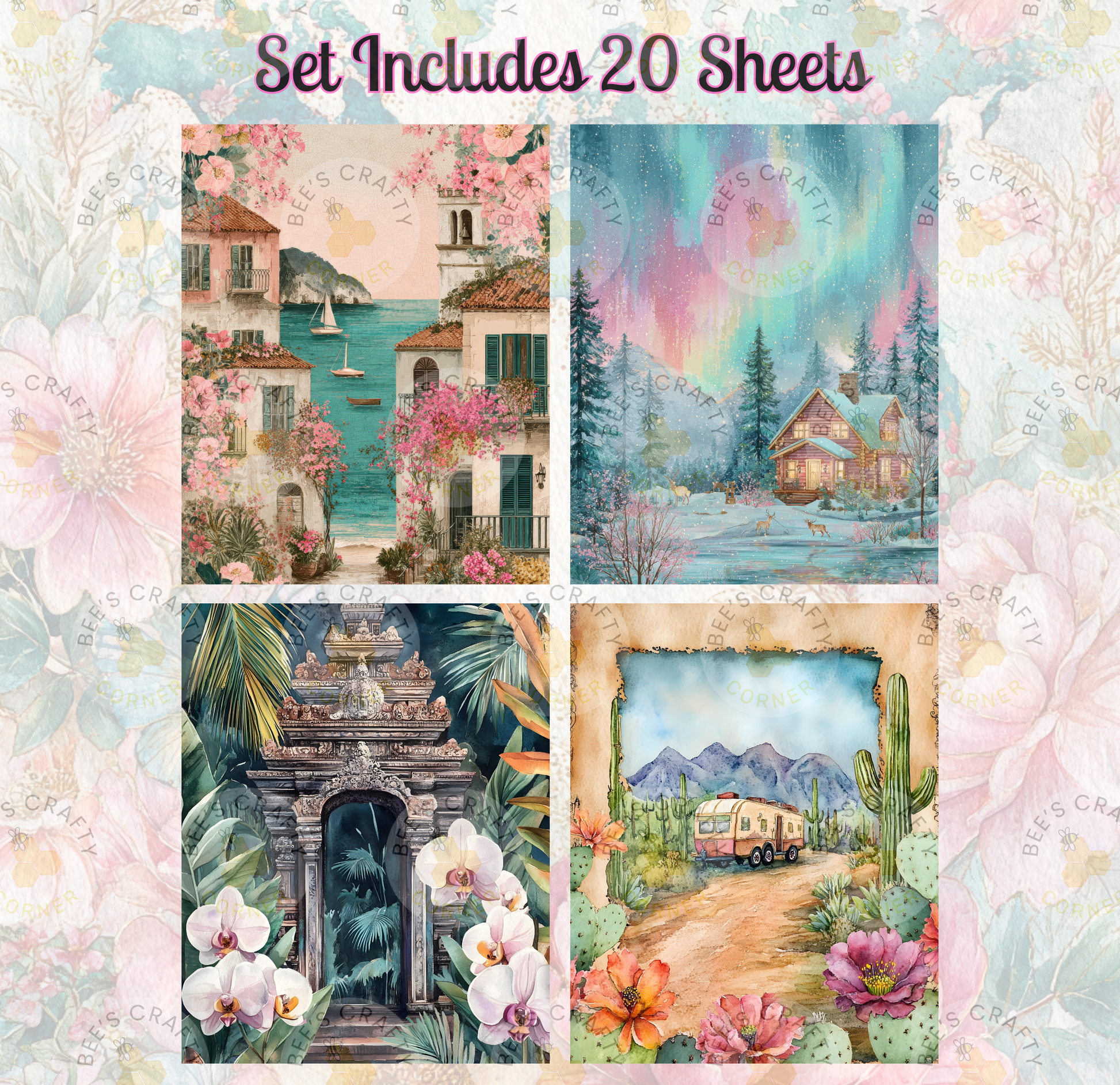 The image is a collage of four different pictures, each depicting a unique scene with various elements such as buildings, flowers, and landscapes.