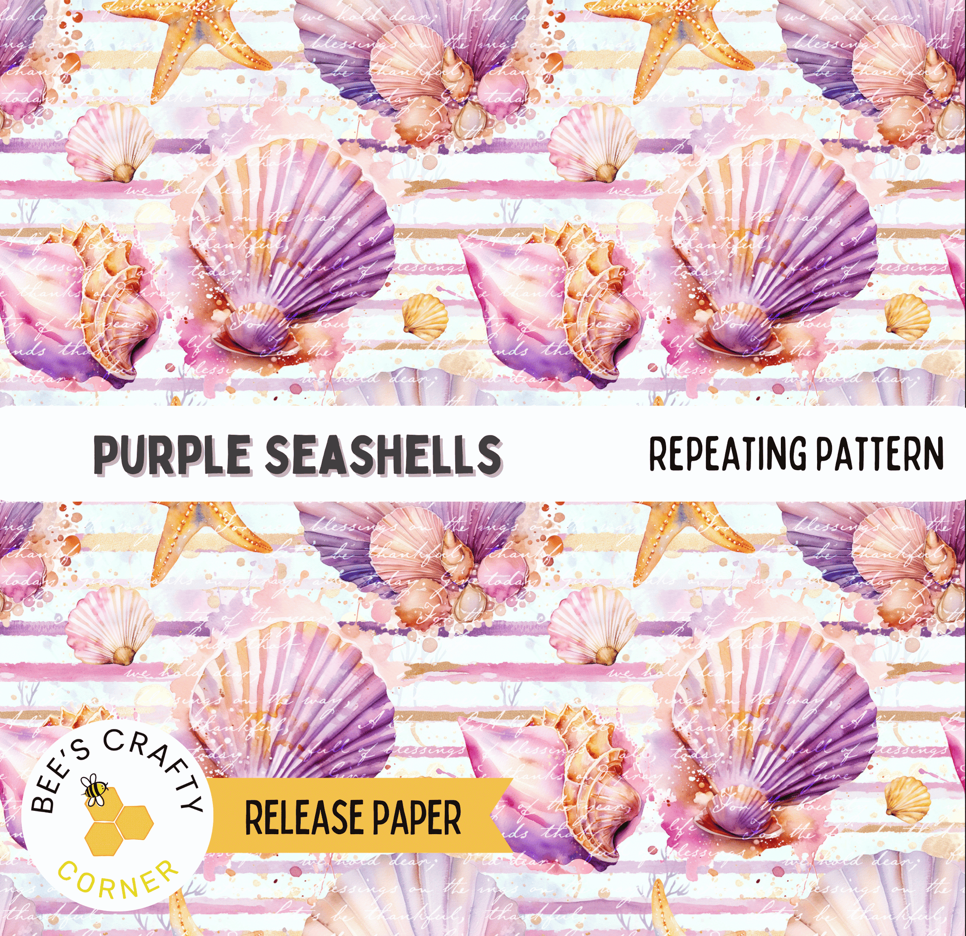 The image is a repeating pattern of purple seashells and starfish against a white background.