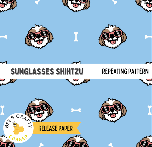 a repeating pattern of cartoon-style dog faces wearing sunglasses against a blue background.