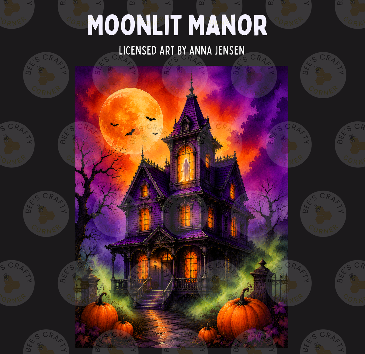 a spooky, old-fashioned mansion with a large, glowing moon in the background, surrounded by pumpkins and bats, creating a Halloween atmosphere.