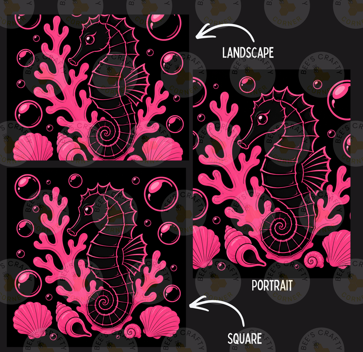 three different illustrations of a seahorse, each with a distinct style and color scheme. The first illustration is a landscape, the second is a portrait, and the third is a square. The seahorse is depicted in pink and black colors, surrounded by bubbles, shells, and coral.