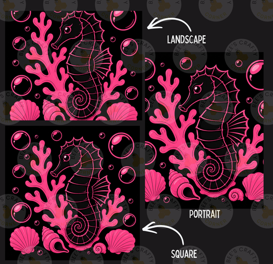 three different illustrations of a seahorse, each with a distinct style and color scheme. The first illustration is a landscape, the second is a portrait, and the third is a square. The seahorse is depicted in pink and black colors, surrounded by bubbles, shells, and coral.