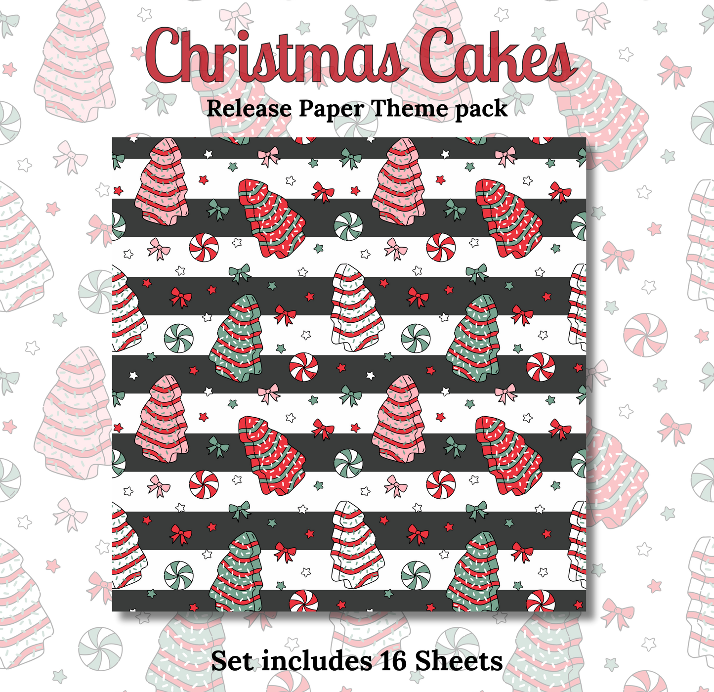 The image is a release paper theme pack for Christmas cakes, featuring a repeating pattern of Christmas trees, candy canes, and other festive elements in shades of red, white, and green.