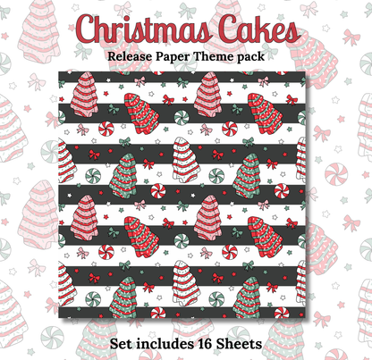 The image is a release paper theme pack for Christmas cakes, featuring a repeating pattern of Christmas trees, candy canes, and other festive elements in shades of red, white, and green.