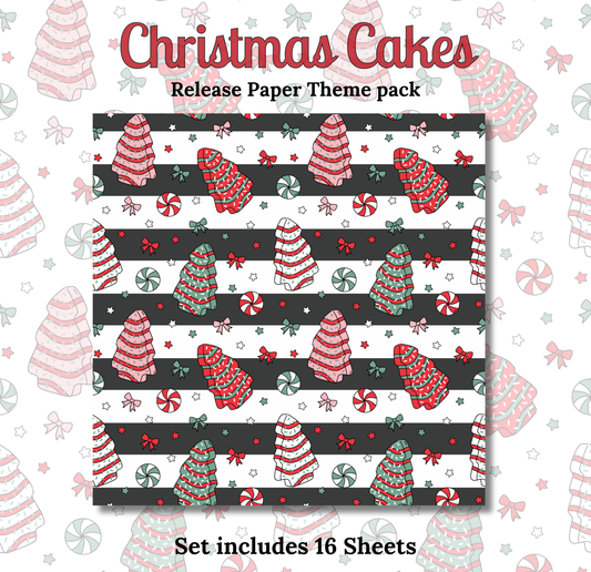 The image is a release paper theme pack for Christmas cakes, featuring a repeating pattern of Christmas trees, candy canes, and other festive elements in shades of red, white, and green.