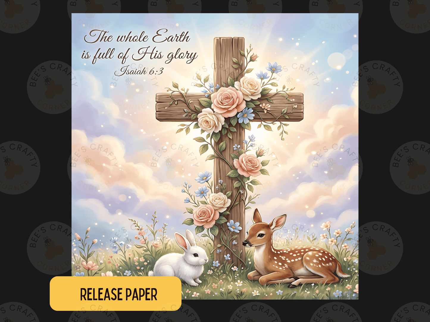 The image is a pastoral scene featuring a cross adorned with flowers, surrounded by a white rabbit and a deer in a grassy field.
