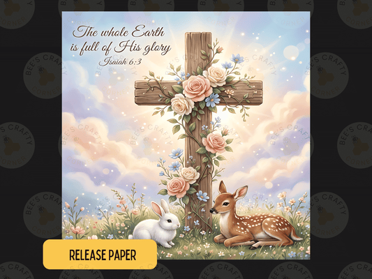 The image is a pastoral scene featuring a cross adorned with flowers, surrounded by a white rabbit and a deer in a grassy field.
