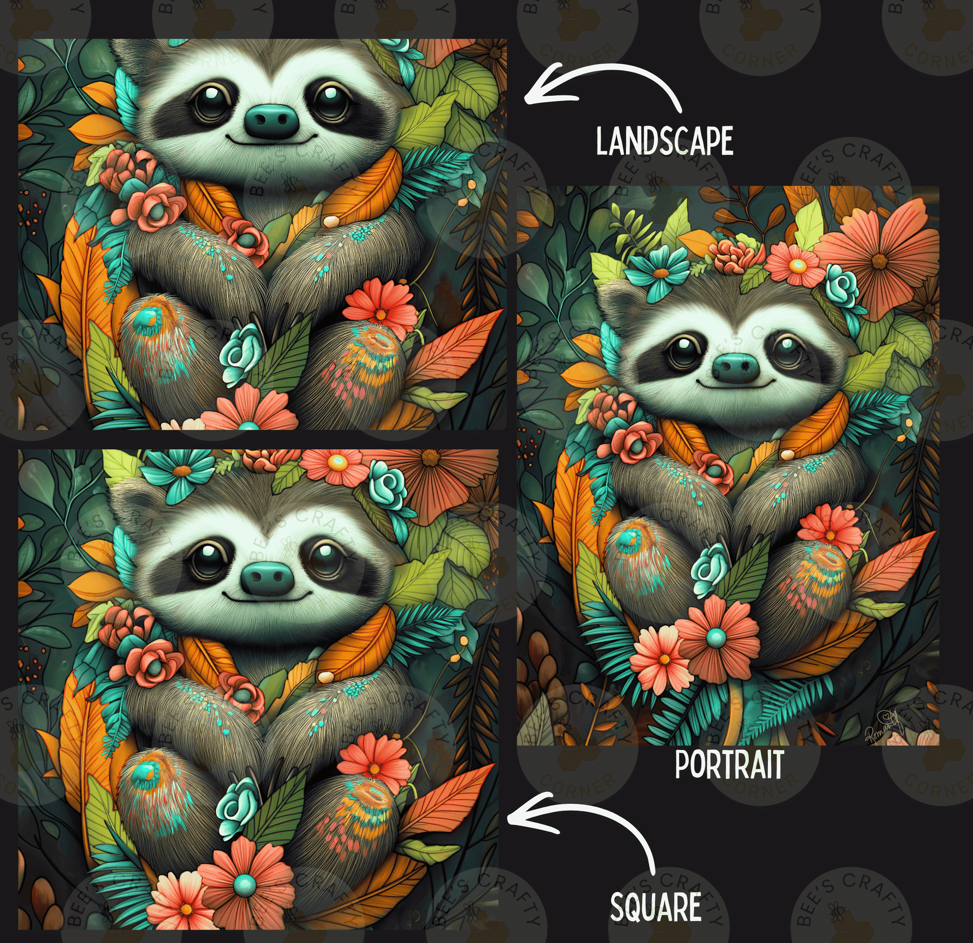 The image is a collage of three images depicting a sloth surrounded by colorful flowers and foliage. The first image shows the sloth in a landscape setting, the second image is a portrait of the sloth, and the third image is a square portrait of the sloth.