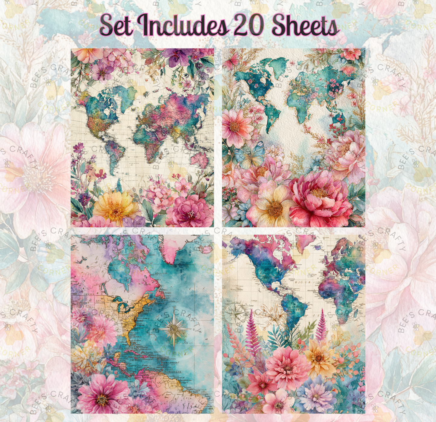 a set of four colorful and vibrant world map designs, each featuring a different floral pattern. The maps are arranged in a grid format, with each map displaying a unique floral design. The text "Set Includes 20 Sheets" is visible, indicating that this is a set of twenty-four different world map designs.