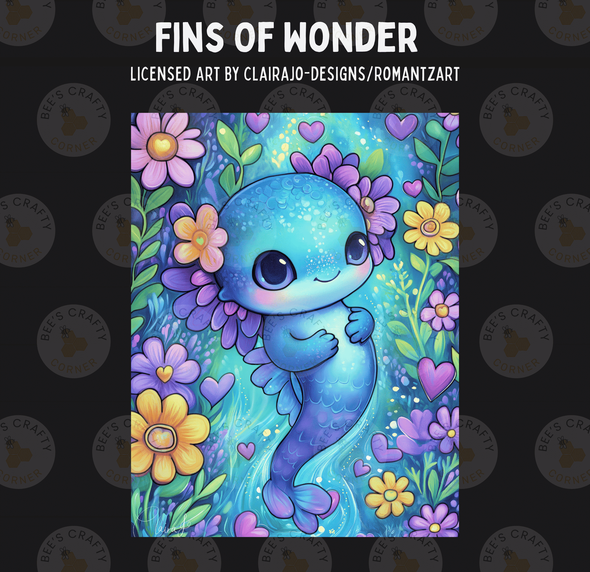 The image is a vibrant and whimsical illustration featuring a blue mermaid surrounded by a colorful array of flowers and plants.