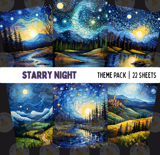 The image is a theme pack containing 22 different paintings depicting various landscapes and night scenes, including stars, water, and mountains.