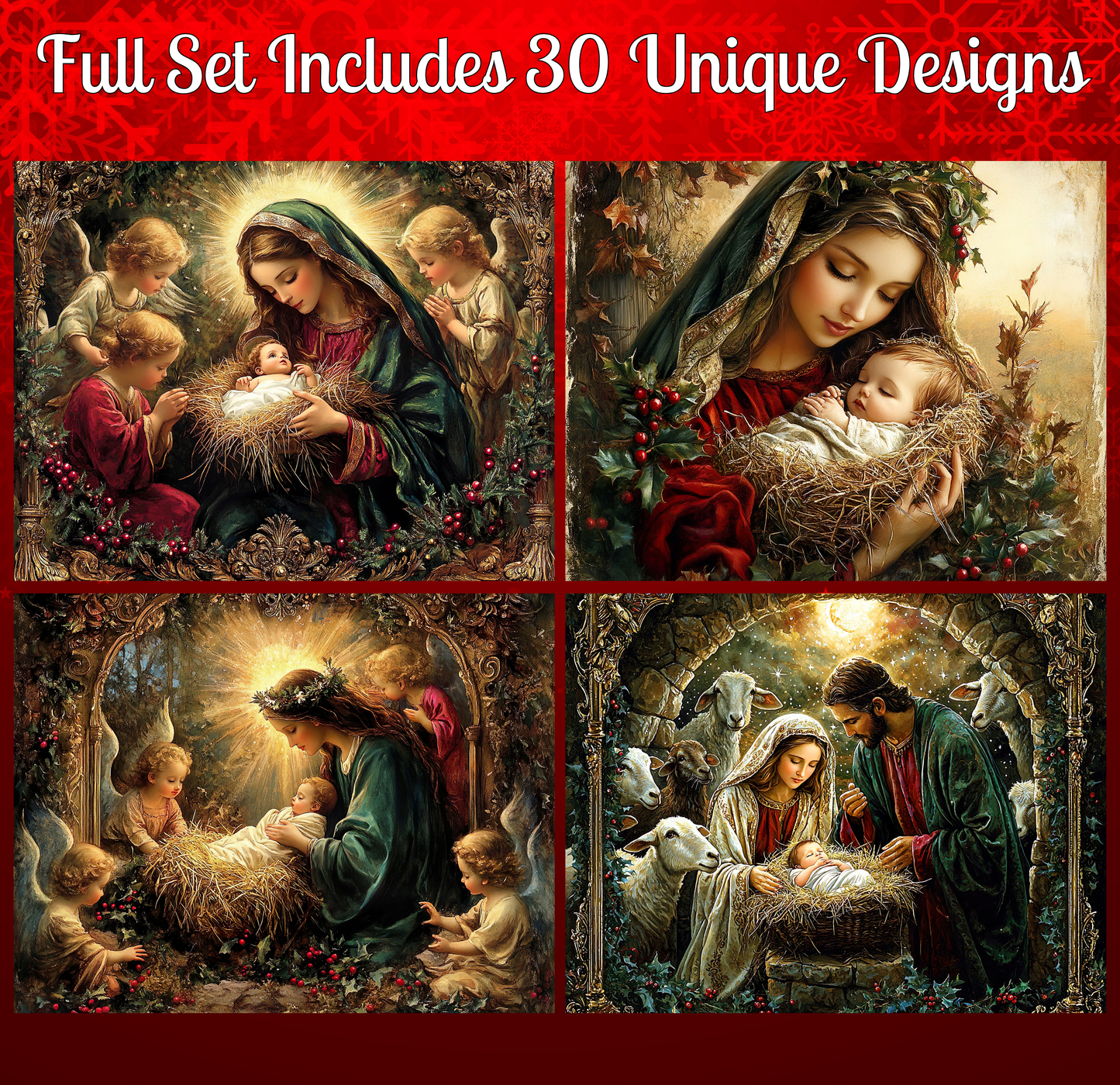 The image is a collage of four Christmas nativity scenes, each depicting different scenes from the story of the birth of Jesus Christ.