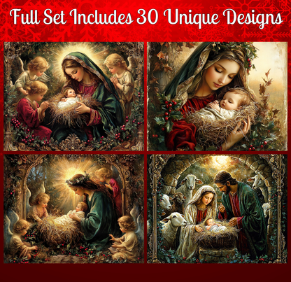 The image is a collage of four Christmas nativity scenes, each depicting different scenes from the story of the birth of Jesus Christ.