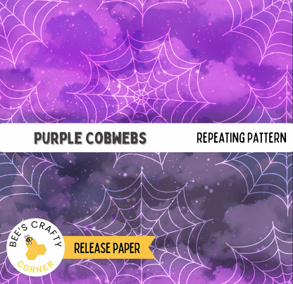 The image is a repeating pattern of purple cobwebs against a dark purple background, with the text "Purple Cobwebs" and "REPEATING PATTERN" visible.