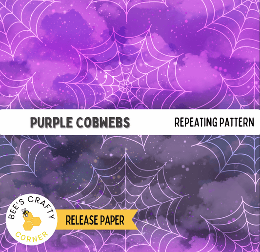 The image is a repeating pattern of purple cobwebs against a dark purple background, with the text "Purple Cobwebs" and "REPEATING PATTERN" visible.