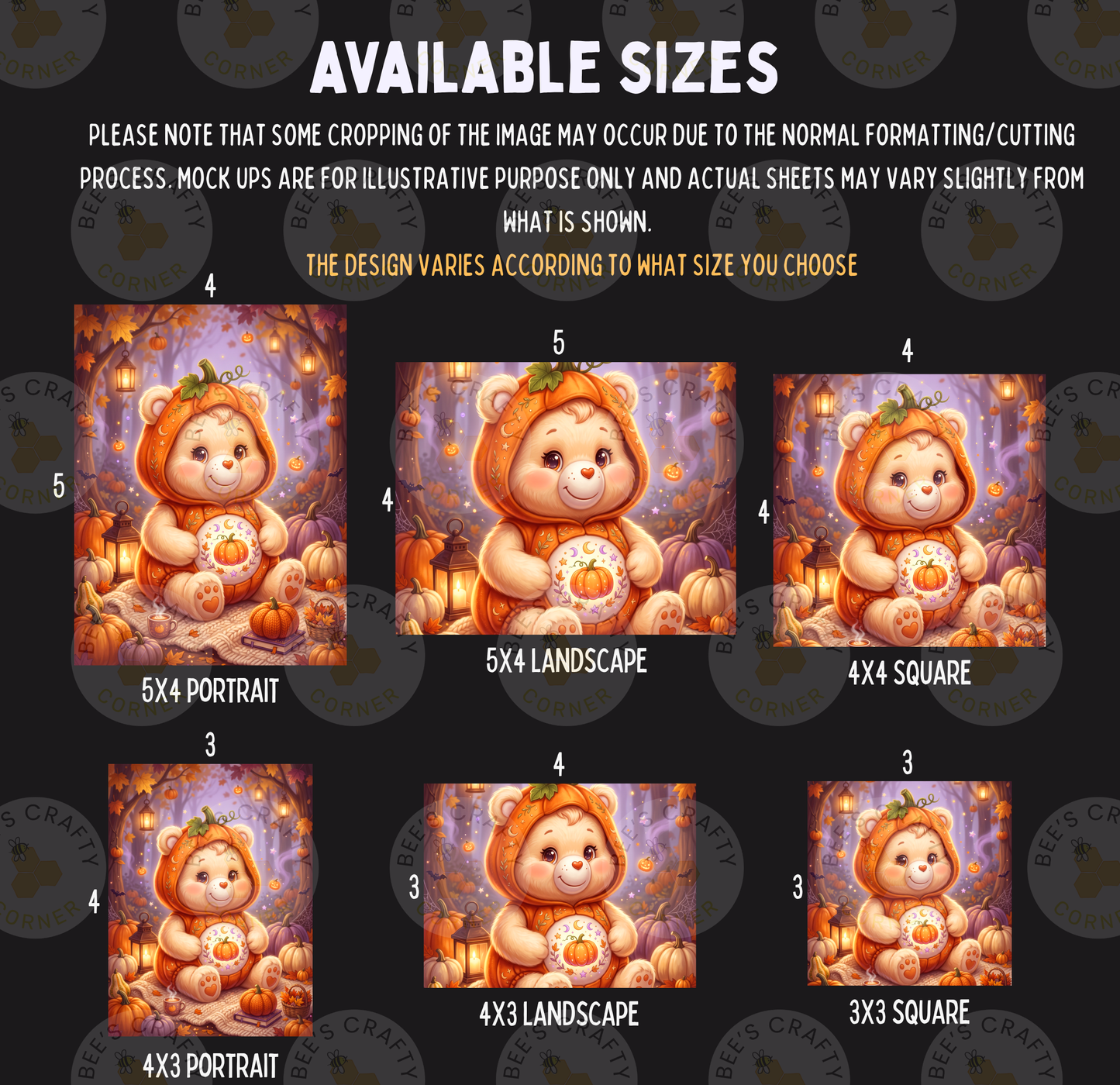 a collection of six different sizes of illustrations featuring a teddy bear wearing a pumpkin-themed outfit. The illustrations vary in size, from small to large, and are arranged in a grid format. The image does not contain any text, and the descriptions provided are general and not specific to any particular image.