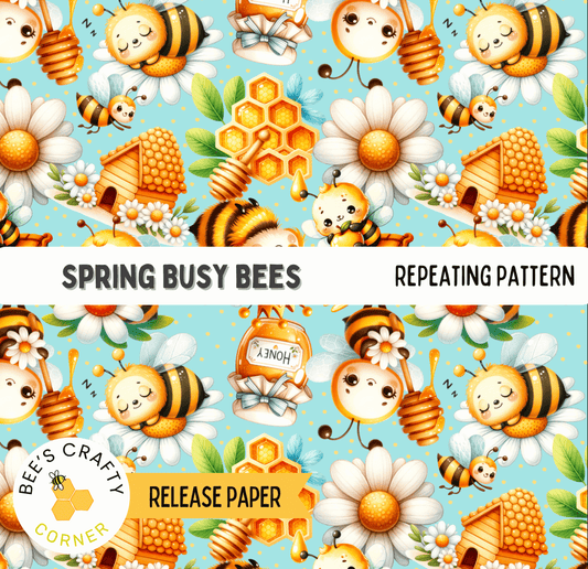 The image is a repeating pattern of cartoon-style bees and honeycombs against a blue background.