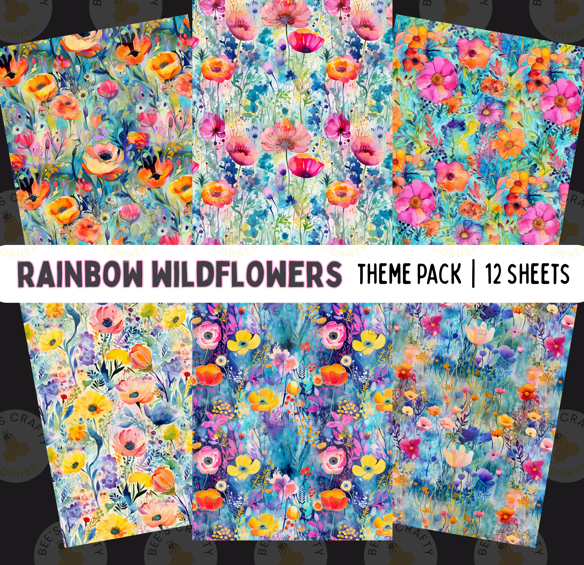 a collection of six colorful and vibrant floral patterns, each with a unique design and arrangement of flowers and foliage. The patterns are arranged in a theme pack, which includes 12 sheets, providing a variety of options for users to choose from.