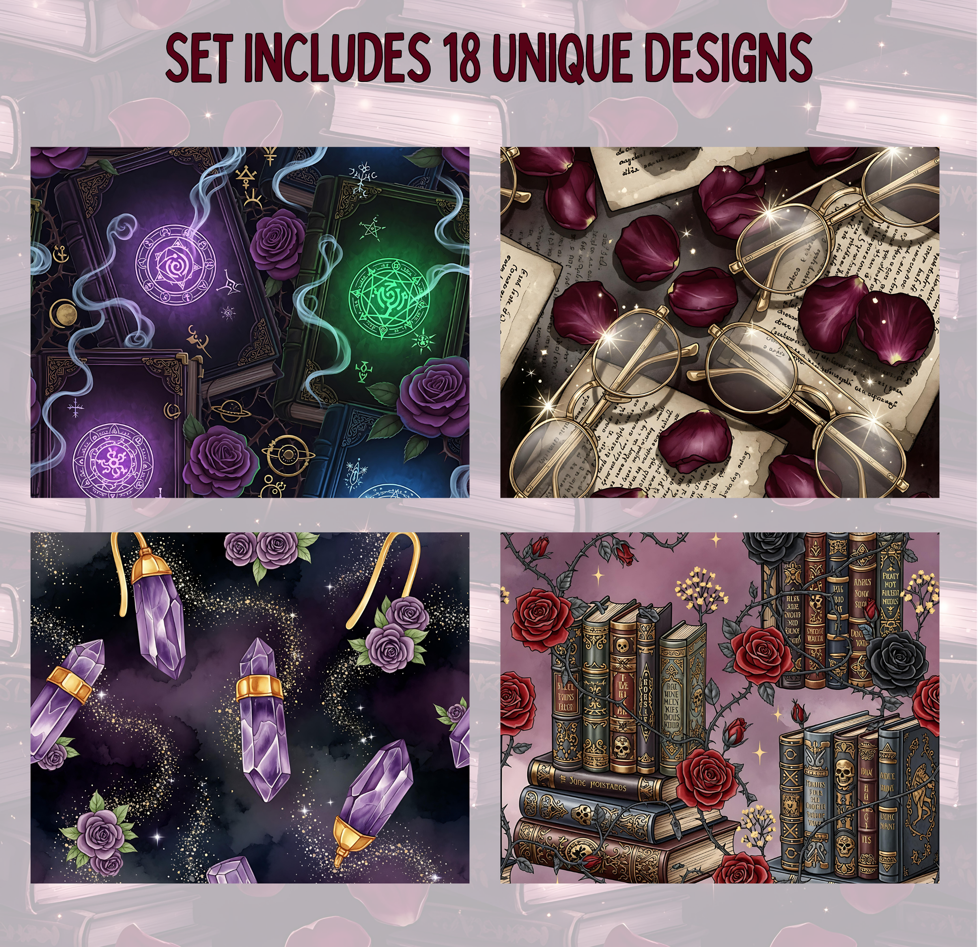 a set of four unique designs, each featuring different elements such as gemstones, roses, books, and other decorative motifs.