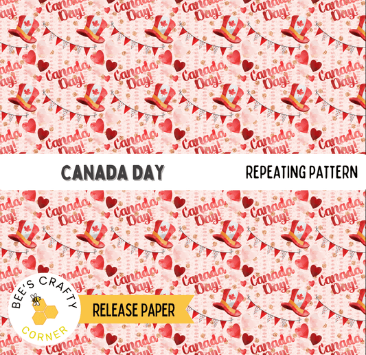 The image is a repeating pattern of the word "Canada Day" in various colors and designs, including red hearts, flags, and other festive elements. The pattern is displayed on a pink background, and the text "CANADA DAY" is prominently featured. The phrase "REPEATING PATTERN" is also visible, indicating that the pattern is repeated across the image.