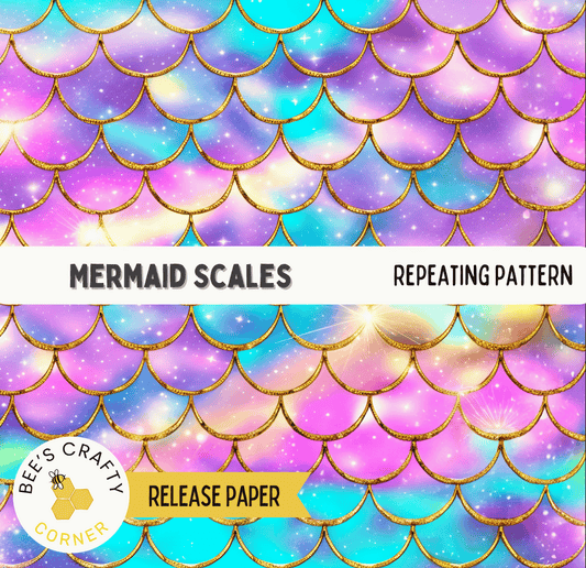 The image is a repeating pattern of colorful scales, resembling the scales of a mermaid. The pattern consists of overlapping scales in shades of purple, blue, and pink, creating a visually striking and vibrant design.