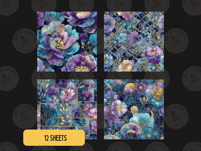 a collection of four square images, each featuring a different floral pattern in shades of blue, purple, and gold. The images showcase a variety of flower designs, including large, vibrant flowers and smaller, more intricate floral arrangements. The text "12 SHEETS" is displayed in the bottom left corner, indicating that there are a total of 12 images in the collage.