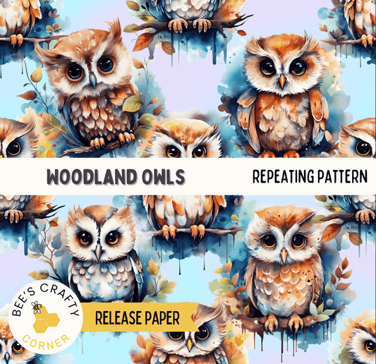 The image is a repeating pattern of woodland owls, featuring various shades of brown and white, with some owls having a blue and green background.