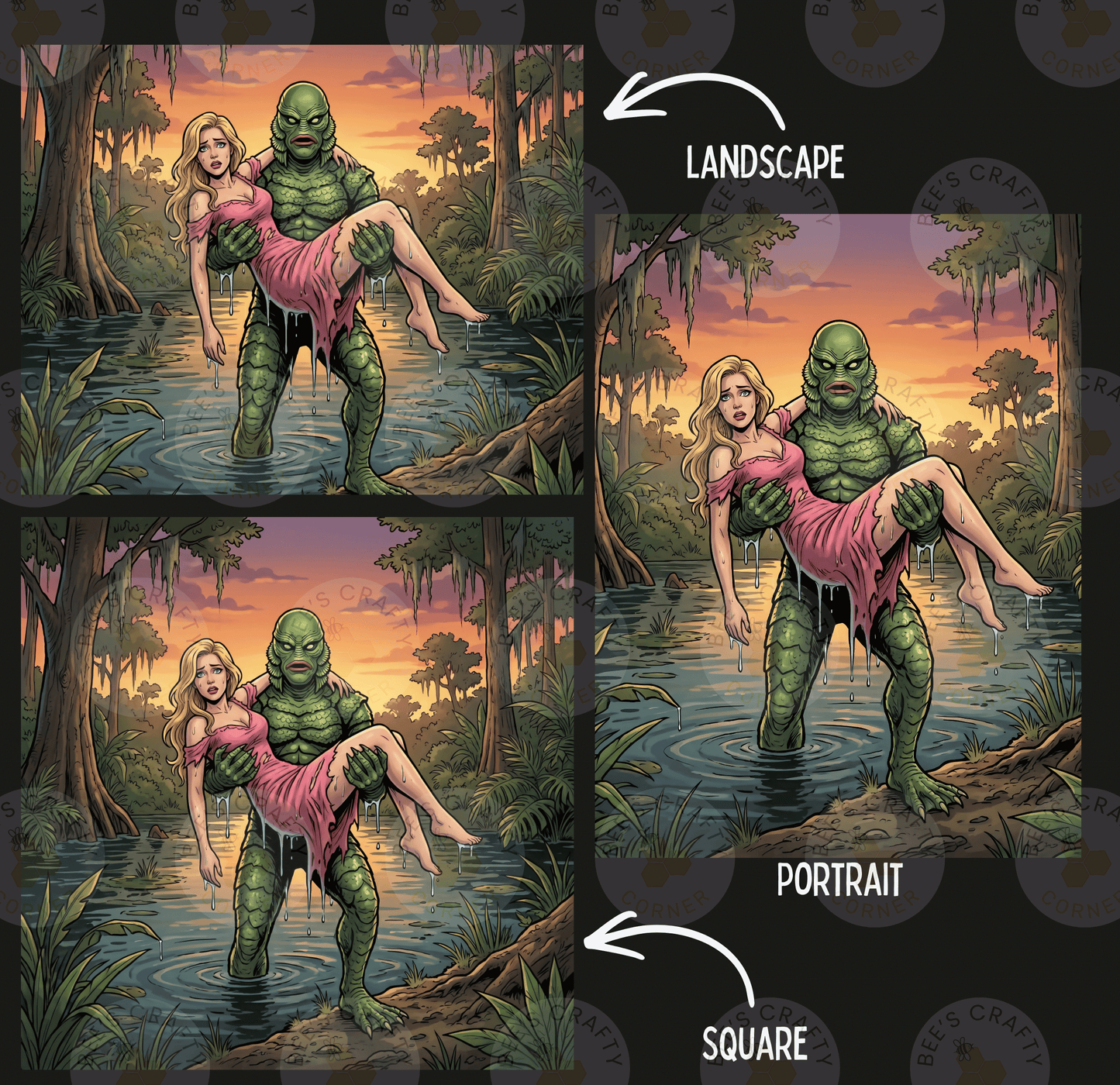 The image is a collage of three images depicting a scene with a green creature holding a woman in a pink dress. The first image shows the creature holding the woman, the second image shows the woman being carried by the creature, and the third image shows the woman being released from the creature's grip. The image is labeled "LANDscape" and "PORTRAIT" to indicate the different artistic styles used in the scenes.