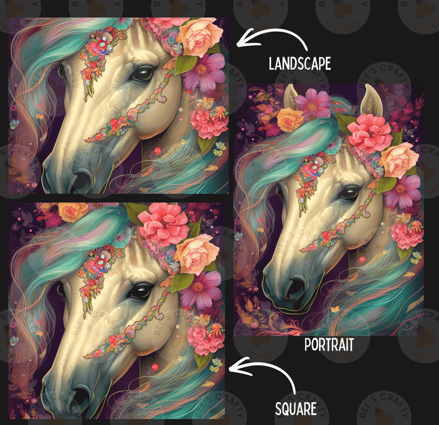 The image is a collage of three images depicting a horse with a floral headdress. The first image shows the horse's face with a colorful floral headdress, the second image shows the horse's face with a more detailed floral headdress, and the third image shows the horse's face with a simple floral headdress. The image is labeled as a landscape, portrait, and square, indicating the different artistic styles used to capture the horse's face.