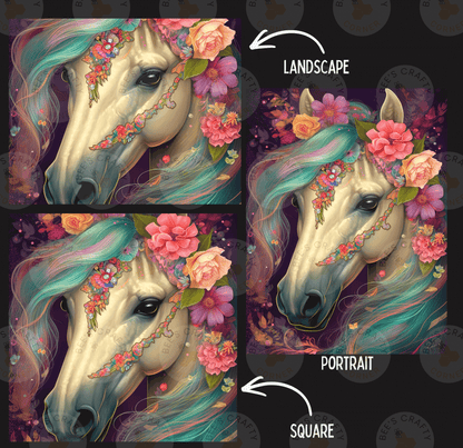 The image is a collage of three images depicting a horse with a floral headdress. The first image shows the horse's face with a colorful floral headdress, the second image shows the horse's face with a more detailed floral headdress, and the third image shows the horse's face with a simple floral headdress. The image is labeled as a landscape, portrait, and square, indicating the different artistic styles used to capture the horse's face.