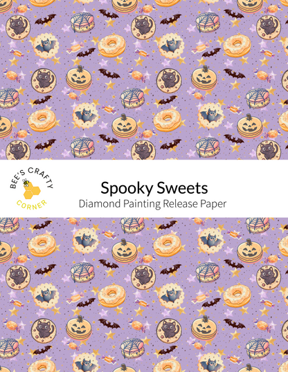 The image is a repeating pattern of Halloween-themed donuts and bats against a purple background.