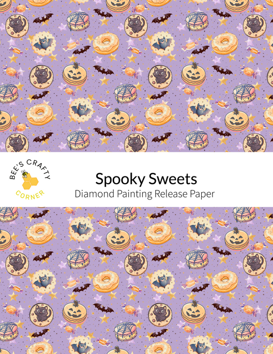 The image is a repeating pattern of Halloween-themed donuts and bats against a purple background.