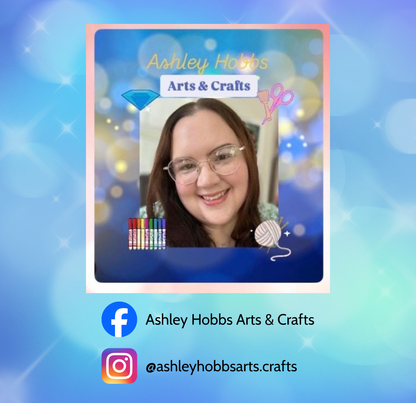 A smiling woman with glasses is featured in the center of the image, surrounded by various craft supplies and a blue background with a sparkly effect.