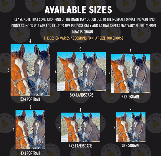 The image is a collage of six different sizes of horses, each with a unique background and composition. The horses are shown in various poses and settings, showcasing the versatility of the image. The collage is designed to provide a range of options for potential customers, allowing them to choose the size that best suits their needs.