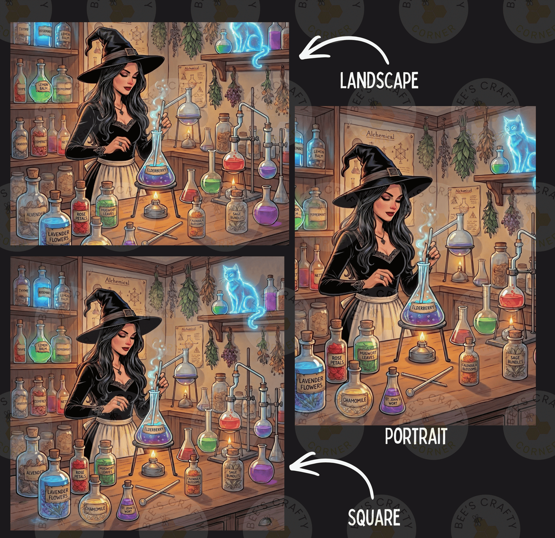 The image is a collage of three images depicting a woman in a witch's hat surrounded by various bottles and chemicals in a laboratory setting.