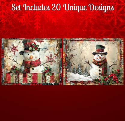 two snowman pictures, each with unique designs and decorations.
