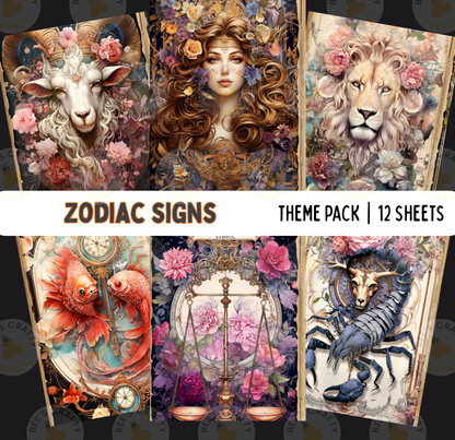 The image is a theme pack of 12 sheets featuring various zodiac signs, including a goat, a woman with long hair, a lion, a fish, a scale, and a spider.
