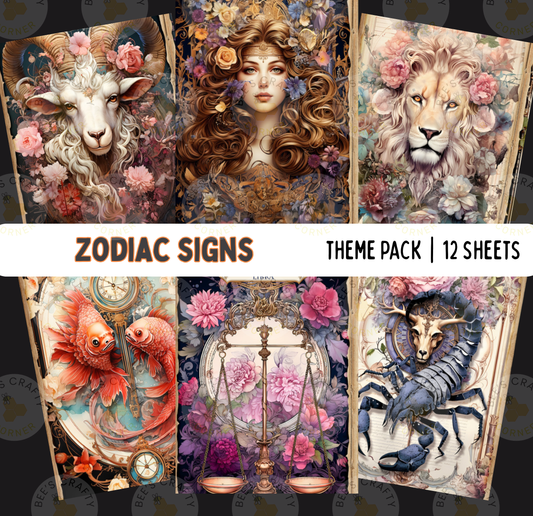 The image is a theme pack of 12 sheets featuring various zodiac signs, including a goat, a woman with long hair, a lion, a fish, a scale, and a spider.