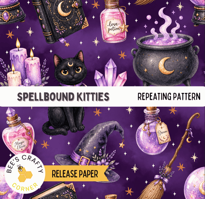The image is a repeating pattern of various magical and mystical objects, including a black cat, candles, crystals, a cauldron, a witch's hat, and a broom, all set against a purple background with stars.