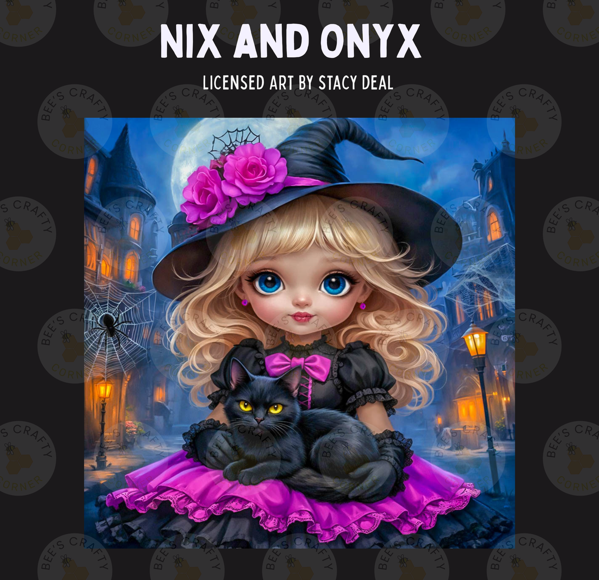 The image is a digital illustration featuring a young girl dressed as a witch, holding a black cat, with a castle and moon in the background.