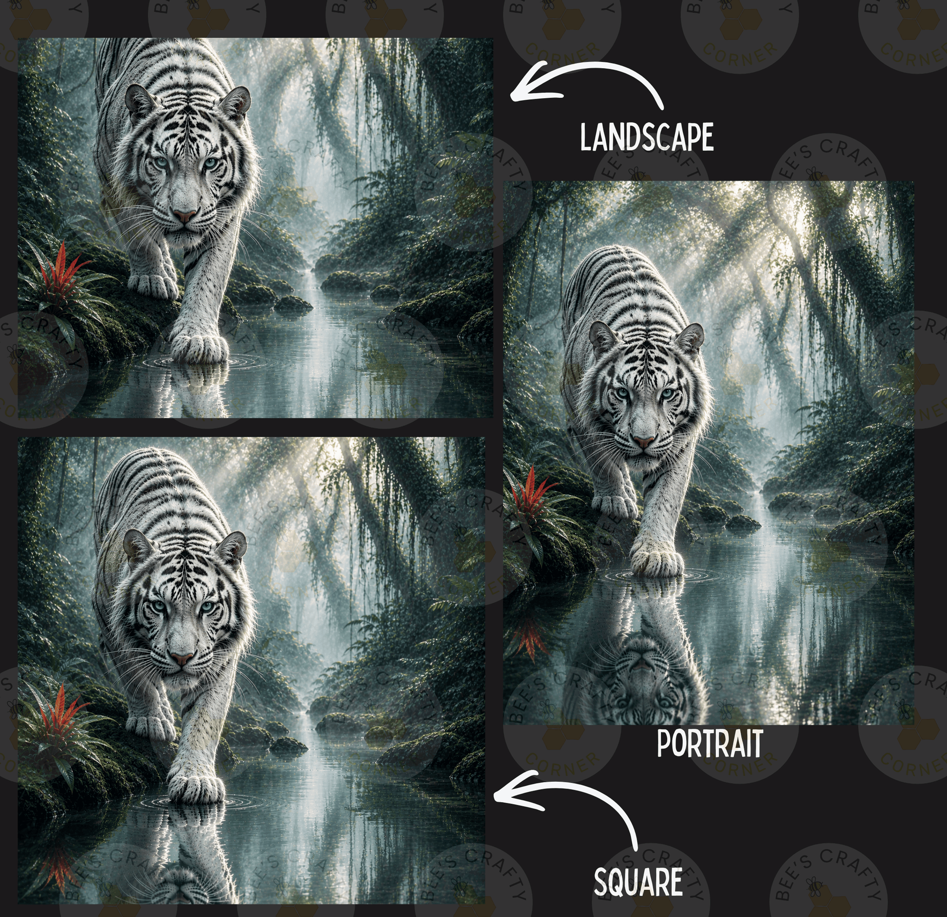 The image is a collage of three images depicting a tiger walking through a forest, with the first two images showing the tiger's reflection in a body of water and the third image showing the tiger walking on a path through the forest.